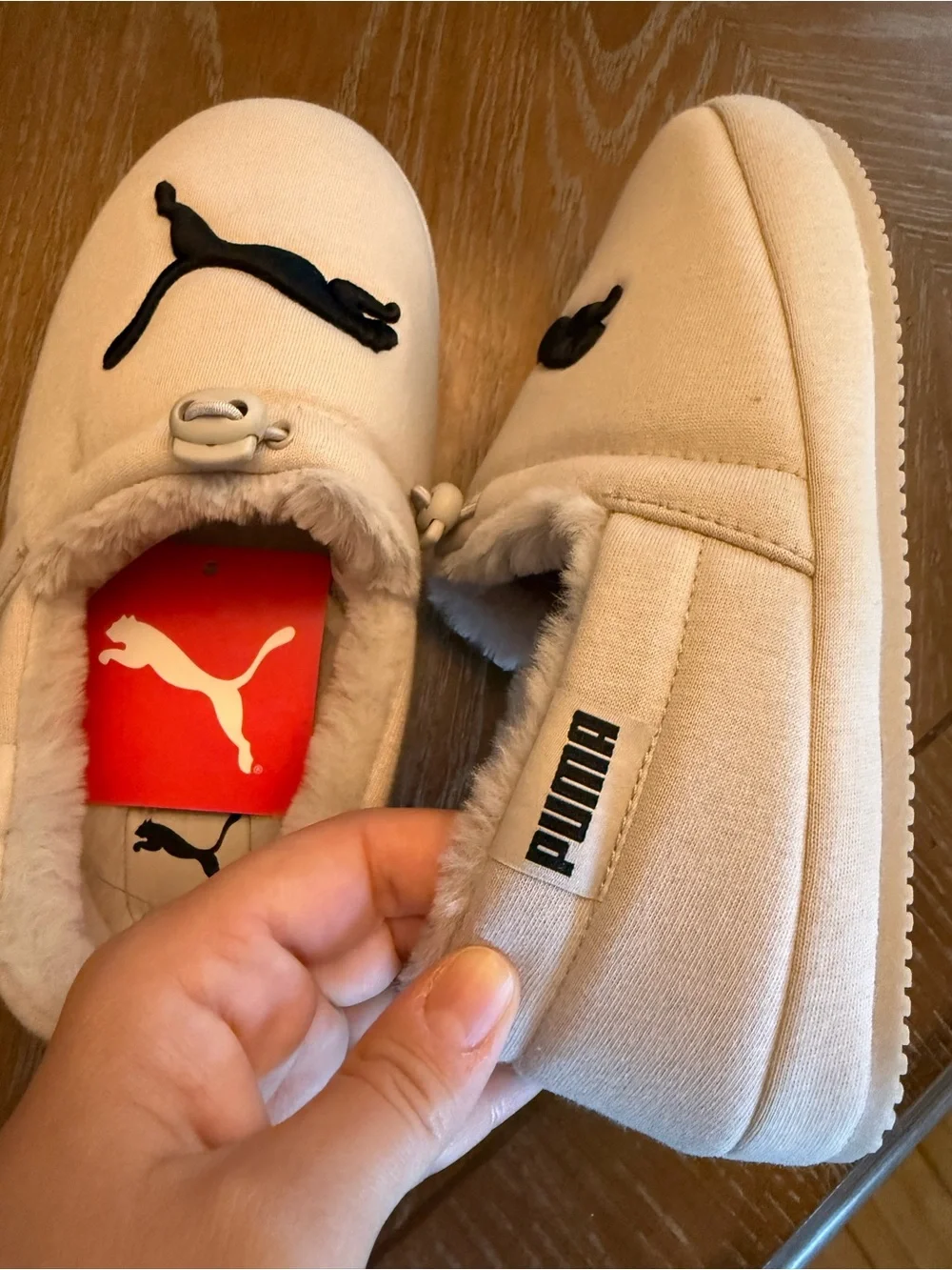Puma Cream Faux-Fur Lined Slip-On Slippers with Black Logo